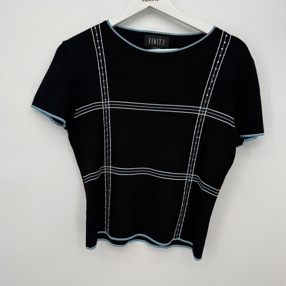 Finity Black Blue Stripe Rhinestone Short Sleeve Top Size Large Y2k - Picture 1 of 7